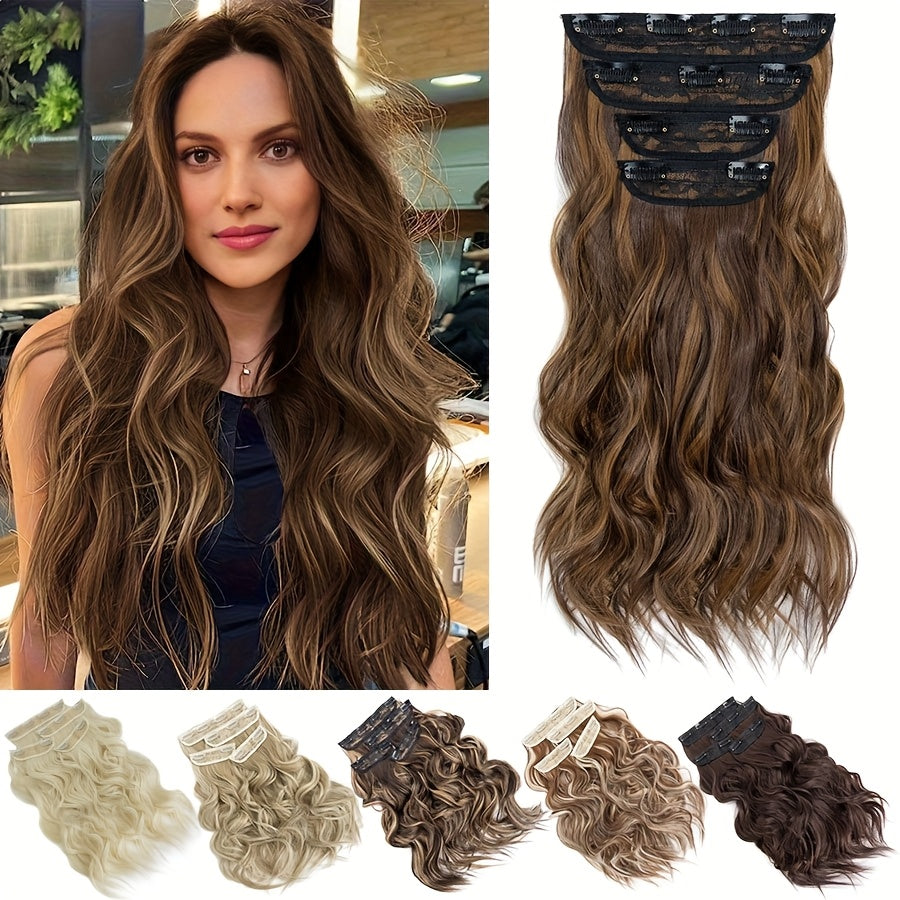 4pieces/Set Long Wavy Full Head Clip In Hair Extensions 22inch/55cm Soft Hairpieces Curly Thick Silk Fiber Double Weft Hairpiece Top Synthetic Hair Highlight Black Brown Blonde For Women Party Cosplay Christmas Halloween Dating Daily Use