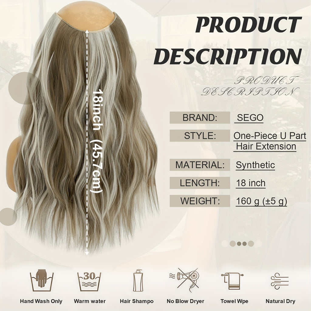18in One Piece V-Shaped Long Wavy Clip In Hair Extensions Brown Blonde Highlight With 5 Clips For Women Daily Use