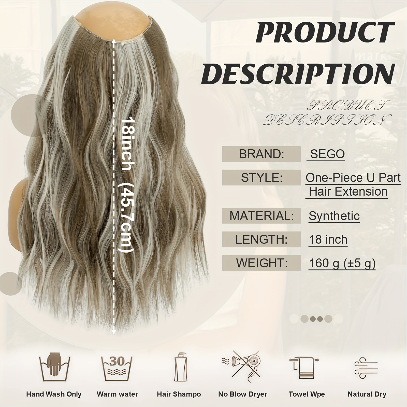 18in One Piece V-Shaped Long Wavy Clip In Hair Extensions Brown Blonde Highlight With 5 Clips For Women Daily Use