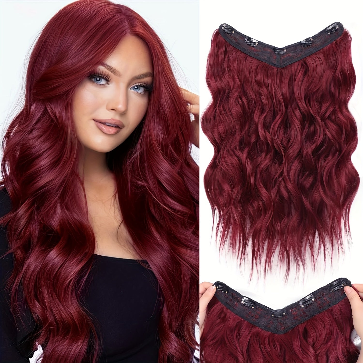 18in One Piece V-Shaped Long Wavy Clip In Hair Extensions Brown Blonde Highlight With 5 Clips For Women Daily Use