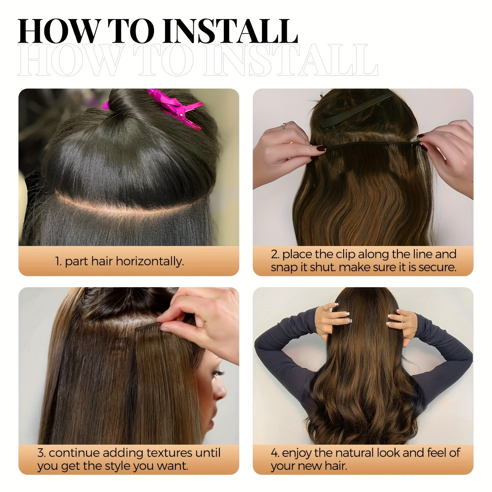 4pcs NEVERLAND Clip-In Hair Extensions 50.8 cm Long Wavy Dark Brown with Golden Highlights - Thick Heat-Resistant Synthetic Hairpieces with 2 BB Clips & Storage Bag for Women, All Ethnicities