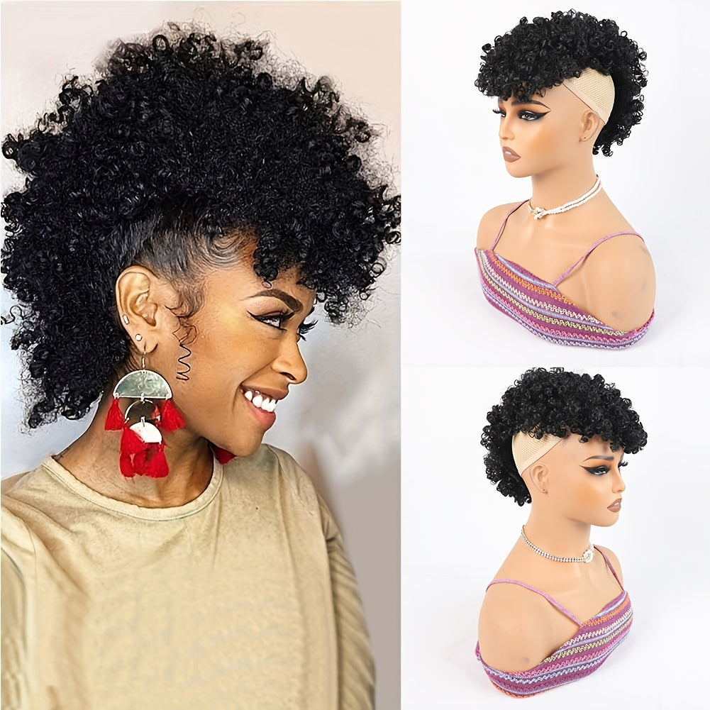 Afro High Puff Hair Bun Ponytail Drawstring With Bangs Synthetic Jerry Curly Mohawk Kinky Curly Fauxhawks Pony Tail Clip In On Ponytails For Women Hair Extensions With Six Clips