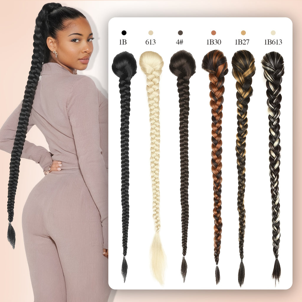 34-Inch Long Black Hair Extensions - Drawstring Ponytail with Braided Detail, High-Temperature Fiber, Perfect for Women & Girls, Stylish Hair Addition|Sleek Ponytail|Highquality Hair Extensions, Hair Accessories