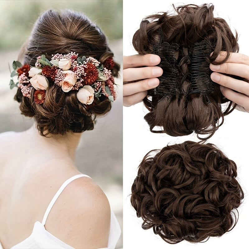 Clip-In Short Combs Messy Curly Bun Hair Extensions with Heat Styling - Easy Stretch Scrunchie Chignon Tray for Women, Multi-Color (Light Brown/Dark Blonde/Black) for Daily, Wedding & Festival Use, Wedding Hair Accessory, Easyattach Hairpiece
