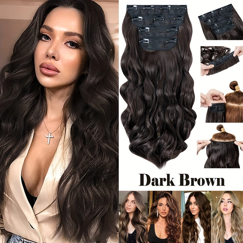4pieces/Set Long Wavy Full Head Clip In Hair Extensions 22inch/55cm Soft Hairpieces Curly Thick Silk Fiber Double Weft Hairpiece Top Synthetic Hair Highlight Black Brown Blonde For Women Party Cosplay Christmas Halloween Dating Daily Use