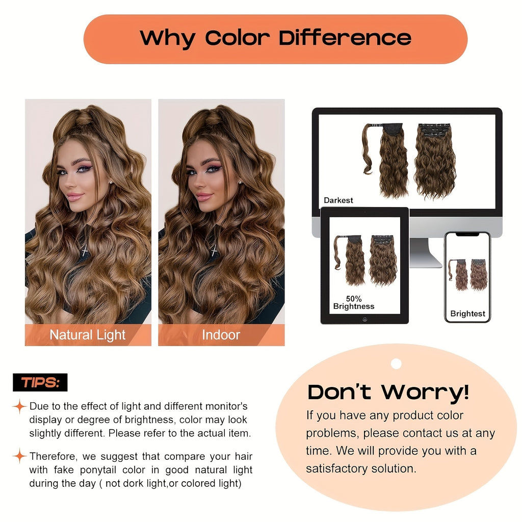 4pcs 40.64cm Half Up Half Down Ponytail Extension Set, Long Wavy Clip in Hair Extensions 3 Styles in 1 Tangle-Resistant Natural Soft Thick Fake Wrap Around Ponytail Synthetic Hairpiece