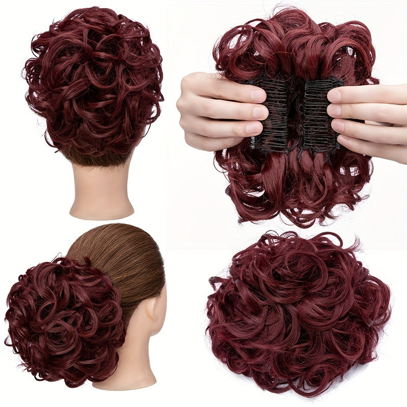 Clip-In Short Combs Messy Curly Bun Hair Extensions with Heat Styling - Easy Stretch Scrunchie Chignon Tray for Women, Multi-Color (Light Brown/Dark Blonde/Black) for Daily, Wedding & Festival Use, Wedding Hair Accessory, Easyattach Hairpiece
