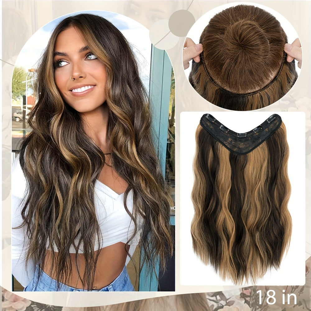 18in One Piece V-Shaped Long Wavy Clip In Hair Extensions Brown Blonde Highlight With 5 Clips For Women Daily Use