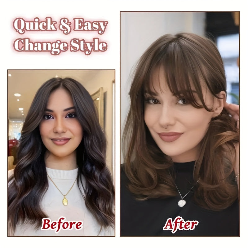 8-Inch Elegant Women'S Topper with 3D Bangs - Heat-Resistant Synthetic Fiber, French Air Bangs Style, Perfect for All Skin Tones, Straight Hair, Hair Extensions, Wigs & Accessories