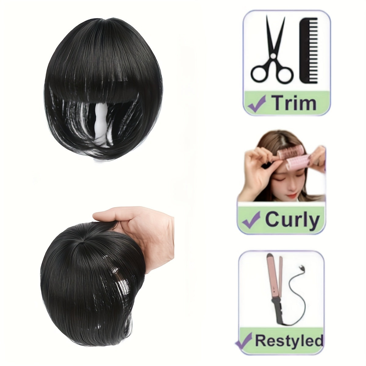 8-Inch Elegant Women'S Topper with 3D Bangs - Heat-Resistant Synthetic Fiber, French Air Bangs Style, Perfect for All Skin Tones, Straight Hair, Hair Extensions, Wigs & Accessories