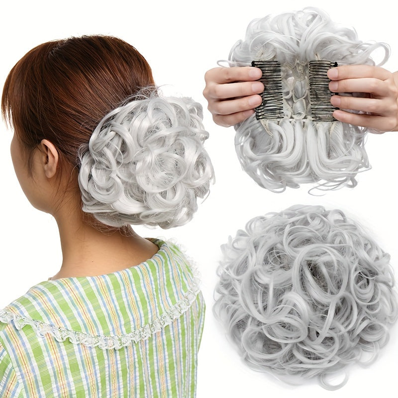 Clip-In Short Combs Messy Curly Bun Hair Extensions with Heat Styling - Easy Stretch Scrunchie Chignon Tray for Women, Multi-Color (Light Brown/Dark Blonde/Black) for Daily, Wedding & Festival Use, Wedding Hair Accessory, Easyattach Hairpiece
