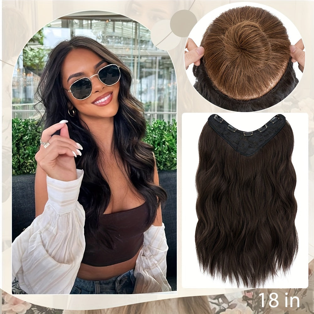 18in One Piece V-Shaped Long Wavy Clip In Hair Extensions Brown Blonde Highlight With 5 Clips For Women Daily Use