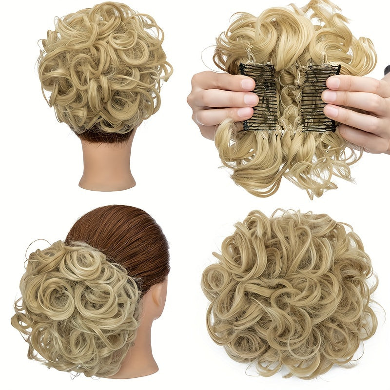Clip-In Short Combs Messy Curly Bun Hair Extensions with Heat Styling - Easy Stretch Scrunchie Chignon Tray for Women, Multi-Color (Light Brown/Dark Blonde/Black) for Daily, Wedding & Festival Use, Wedding Hair Accessory, Easyattach Hairpiece