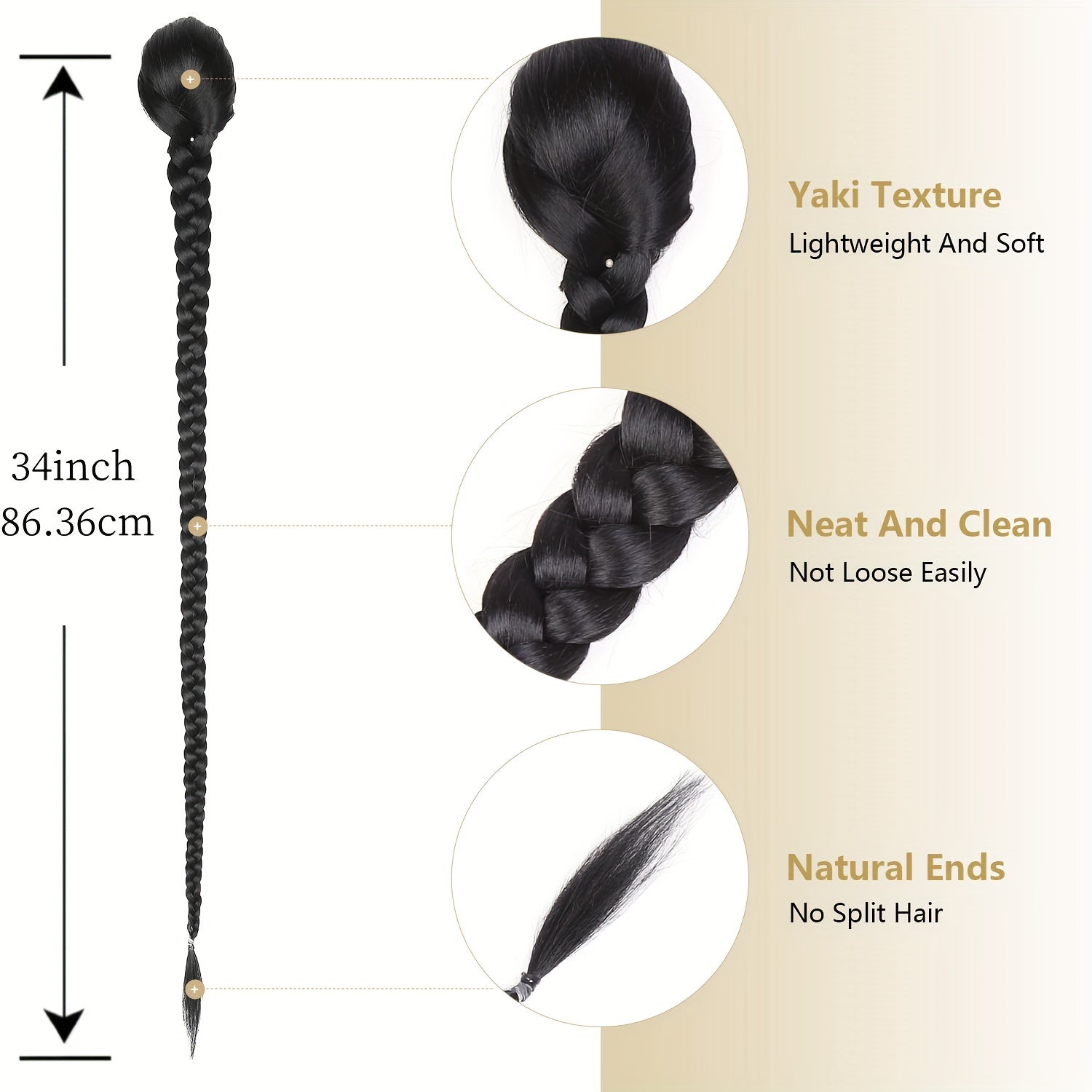 34-Inch Long Black Hair Extensions - Drawstring Ponytail with Braided Detail, High-Temperature Fiber, Perfect for Women & Girls, Stylish Hair Addition|Sleek Ponytail|Highquality Hair Extensions, Hair Accessories
