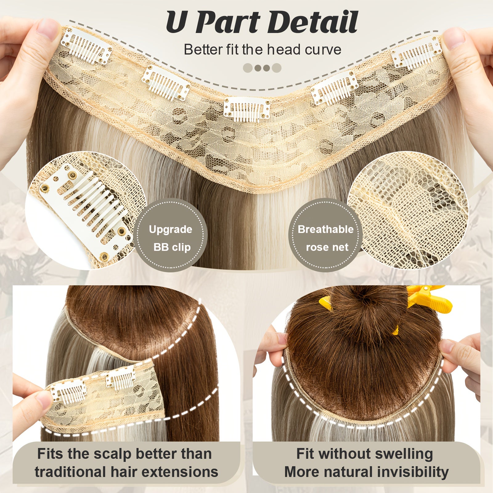 18in One Piece V-Shaped Long Wavy Clip In Hair Extensions Brown Blonde Highlight With 5 Clips For Women Daily Use