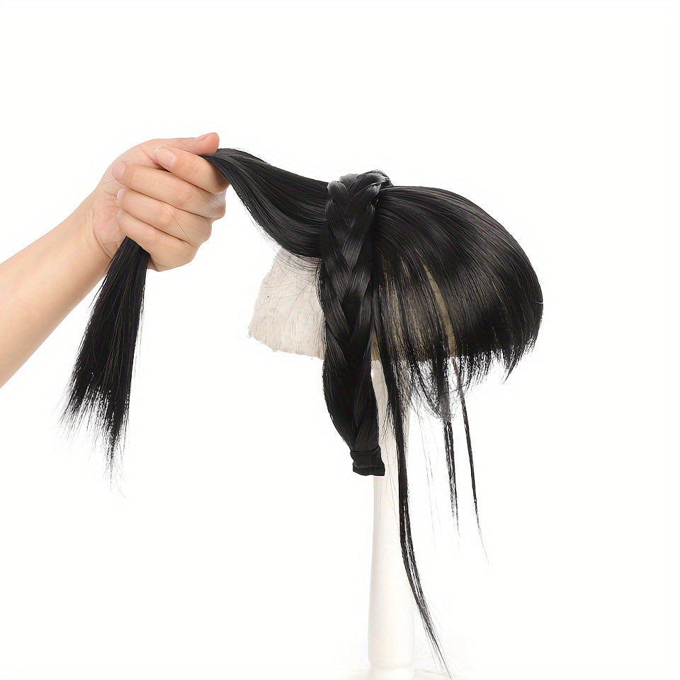 Women's Synthetic Straight Hair Topper with Clip-In Bangs and Overhead Braids - Natural Looking Fake Fringe Hair Extension Hairpiece for All Women Styles