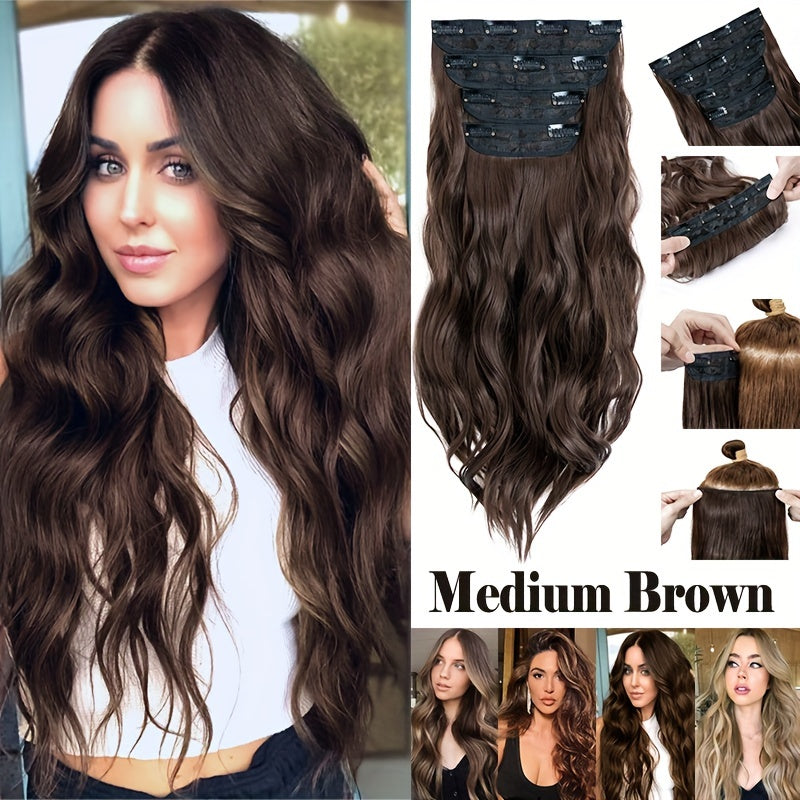 4pieces/Set Long Wavy Full Head Clip In Hair Extensions 22inch/55cm Soft Hairpieces Curly Thick Silk Fiber Double Weft Hairpiece Top Synthetic Hair Highlight Black Brown Blonde For Women Party Cosplay Christmas Halloween Dating Daily Use
