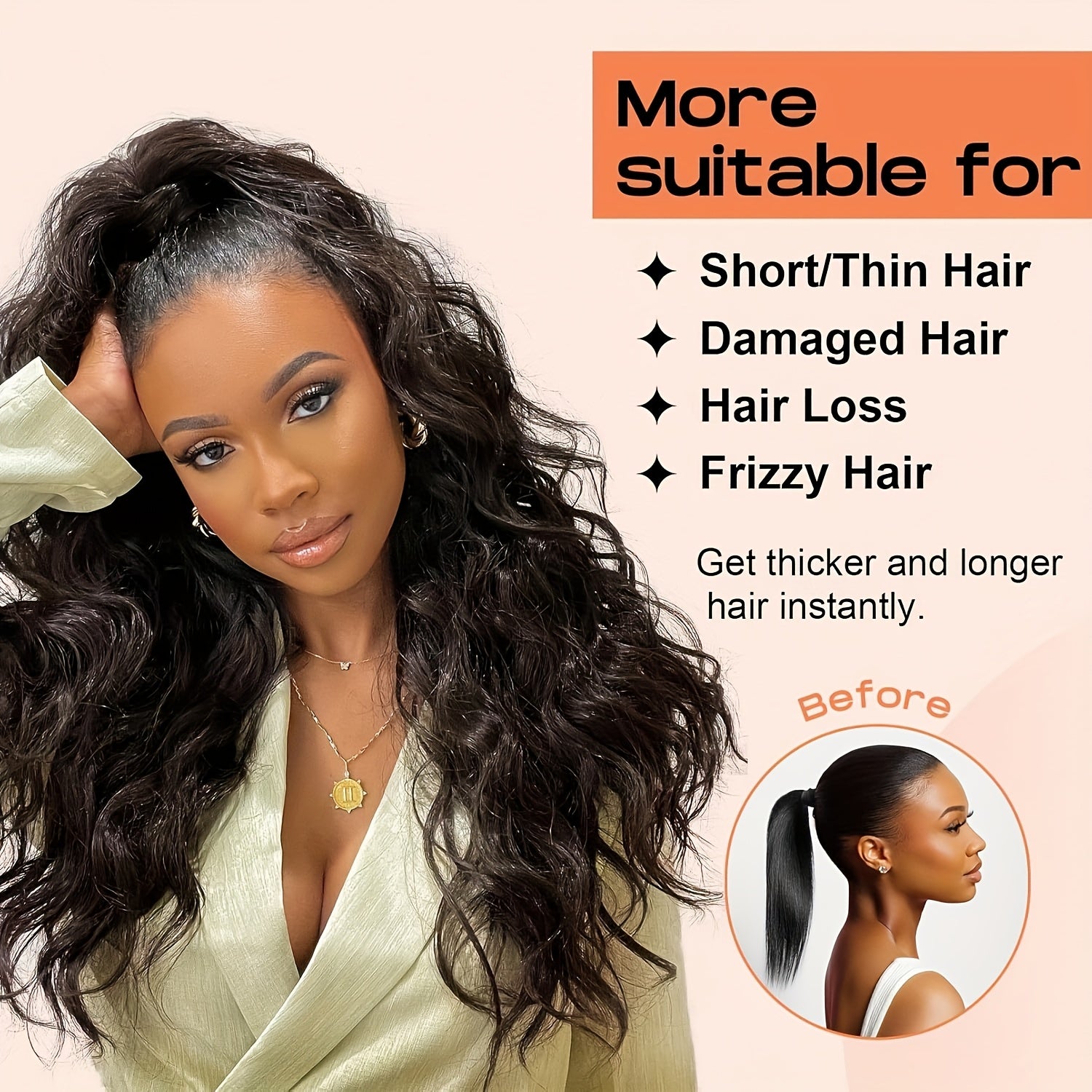 4pcs 40.64cm Half Up Half Down Ponytail Extension Set, Long Wavy Clip in Hair Extensions 3 Styles in 1 Tangle-Resistant Natural Soft Thick Fake Wrap Around Ponytail Synthetic Hairpiece