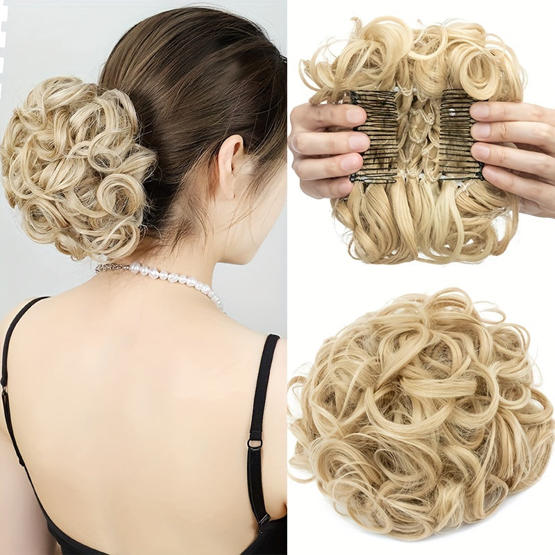 Clip-In Short Combs Messy Curly Bun Hair Extensions with Heat Styling - Easy Stretch Scrunchie Chignon Tray for Women, Multi-Color (Light Brown/Dark Blonde/Black) for Daily, Wedding & Festival Use, Wedding Hair Accessory, Easyattach Hairpiece