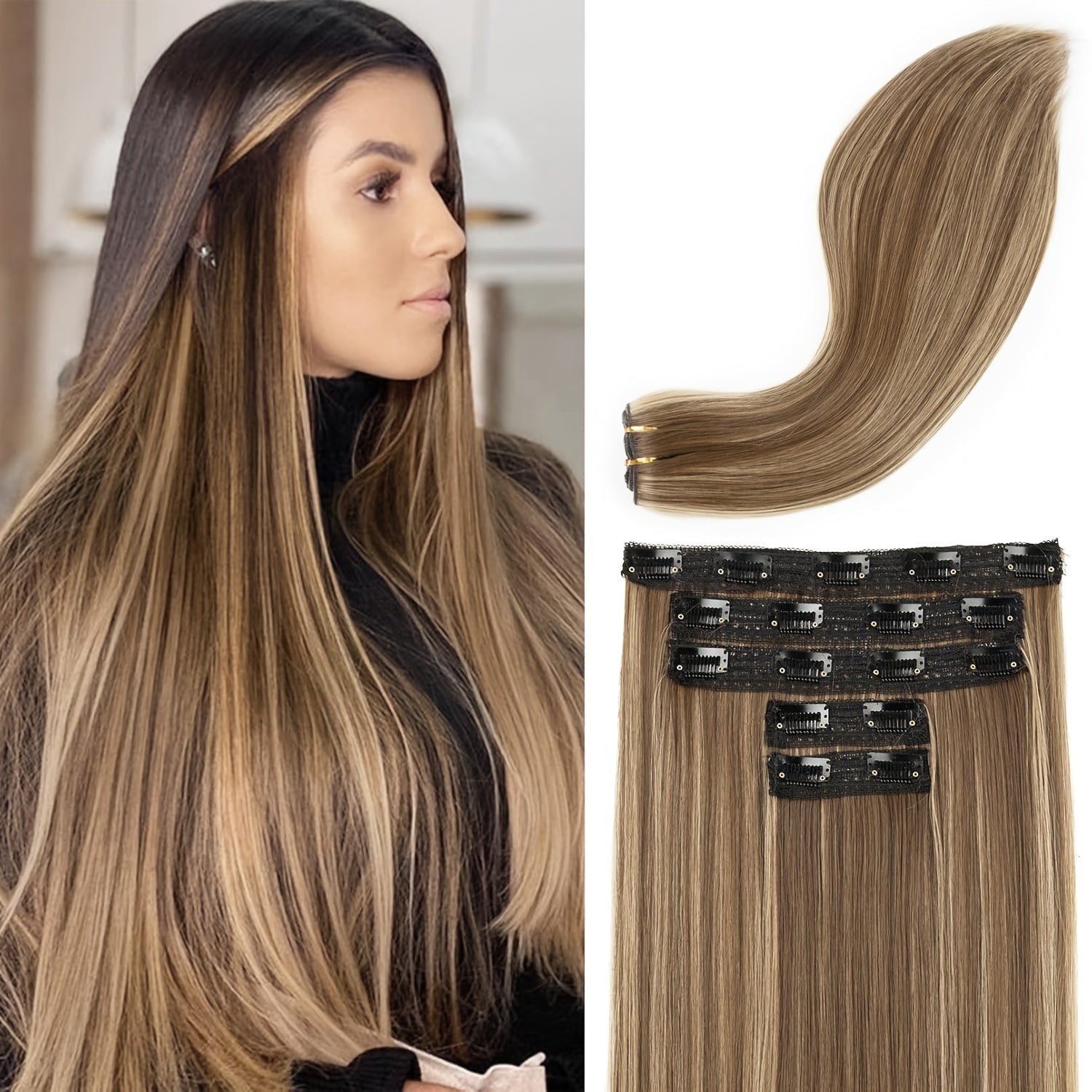 Clip in Hair Extensions, Hair Extensions Thick Long Lace Weft Lightweight Synthetic Hairpieces for Women (60.96 cm-240 Gram(Pack of 5), Chocolate Brown with Golden Blonde Highlights)
