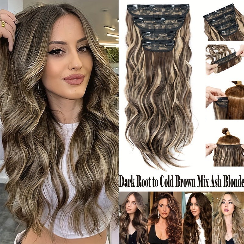 4pieces/Set Long Wavy Full Head Clip In Hair Extensions 22inch/55cm Soft Hairpieces Curly Thick Silk Fiber Double Weft Hairpiece Top Synthetic Hair Highlight Black Brown Blonde For Women Party Cosplay Christmas Halloween Dating Daily Use