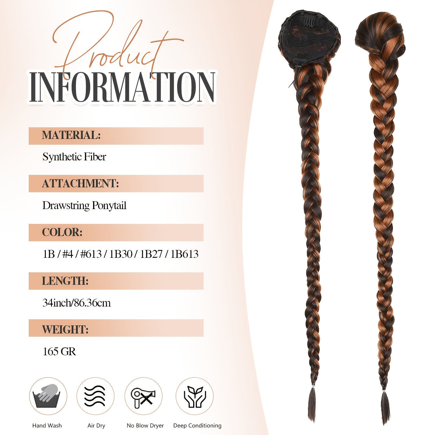 34-Inch Long Black Hair Extensions - Drawstring Ponytail with Braided Detail, High-Temperature Fiber, Perfect for Women & Girls, Stylish Hair Addition|Sleek Ponytail|Highquality Hair Extensions, Hair Accessories