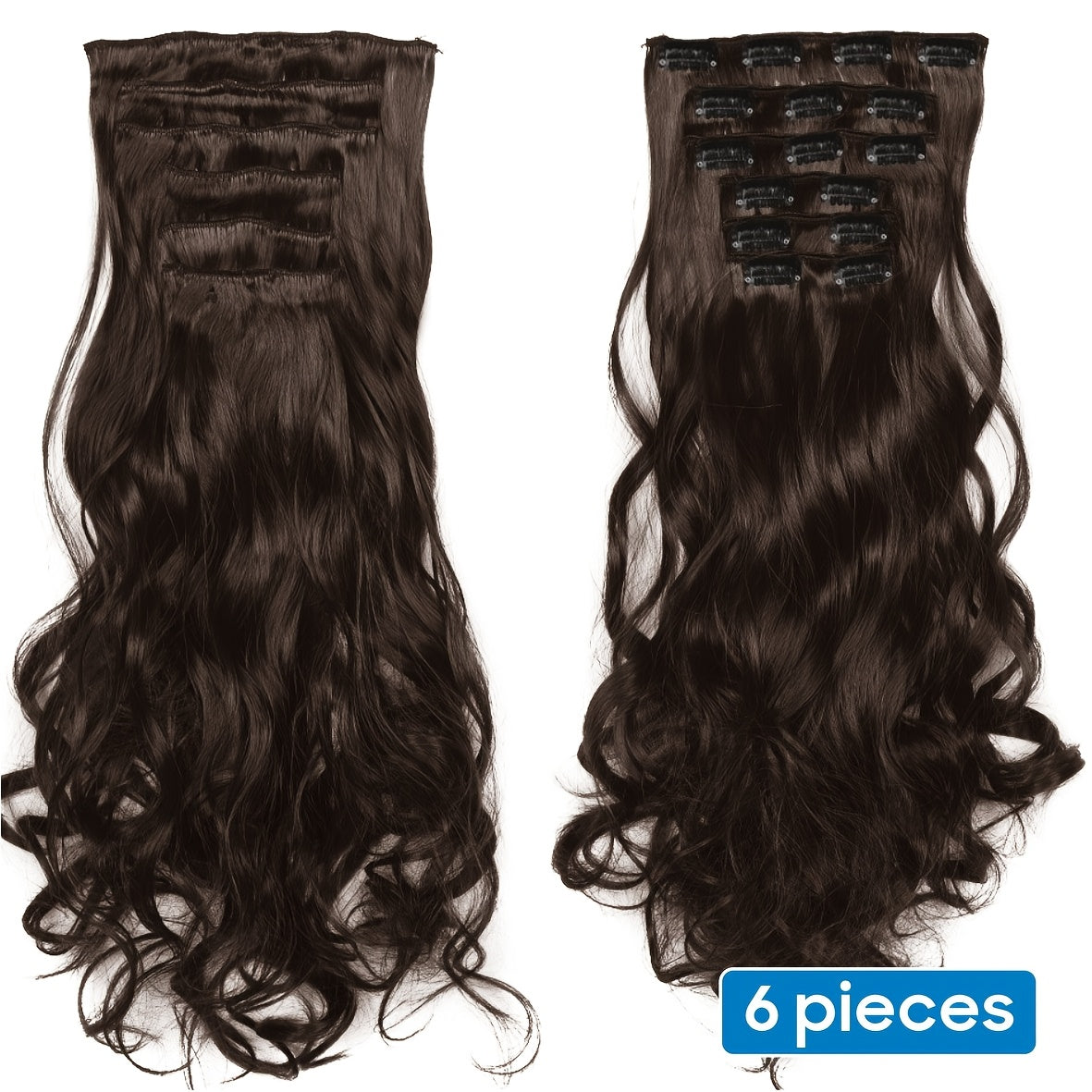 6pcs Full Head Clip-In Hair Extensions 50.8cm Long Thick Curly Wave Synthetic Hair - Dark Black/Natural Black/Dark Brown, Heat Styling Safe, Unisex for Men & Women, All Ethnicities, Length Extension, Voluminous Curls, Highquality Fibers, Beauty Lovers