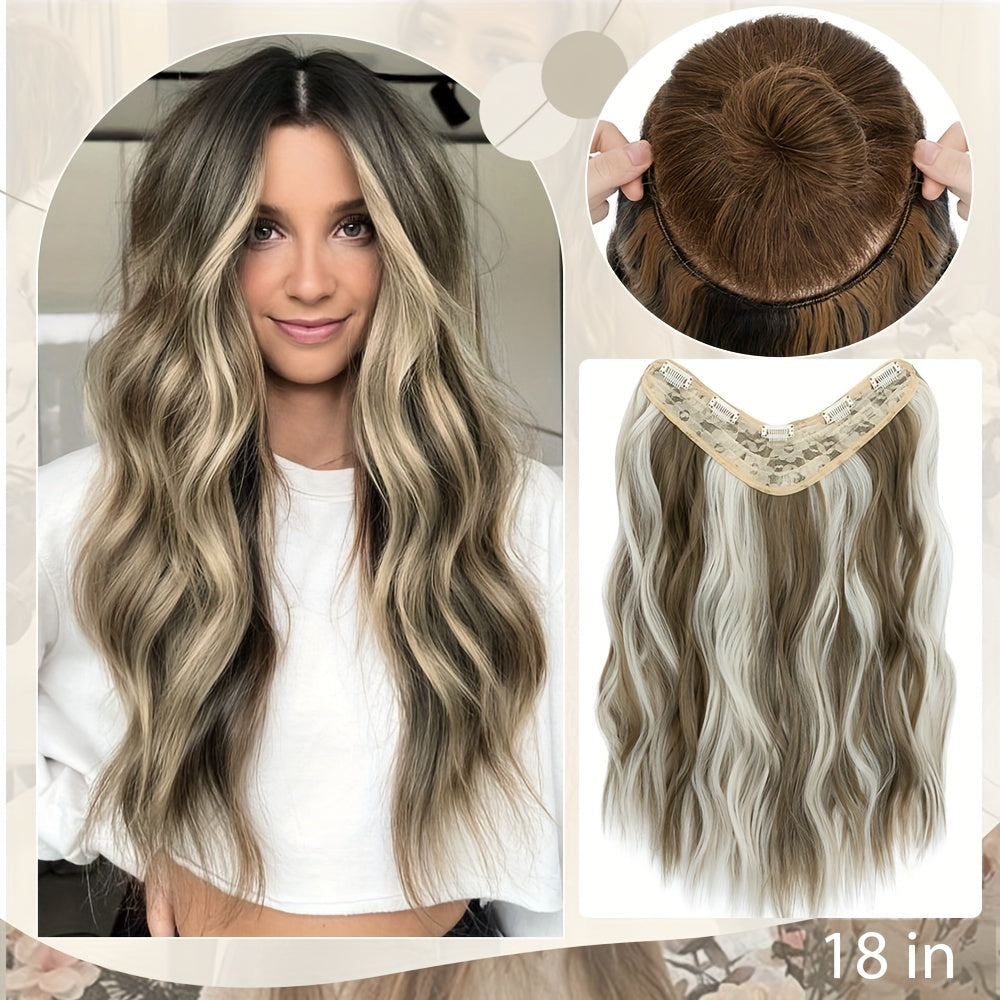 18in One Piece V-Shaped Long Wavy Clip In Hair Extensions Brown Blonde Highlight With 5 Clips For Women Daily Use