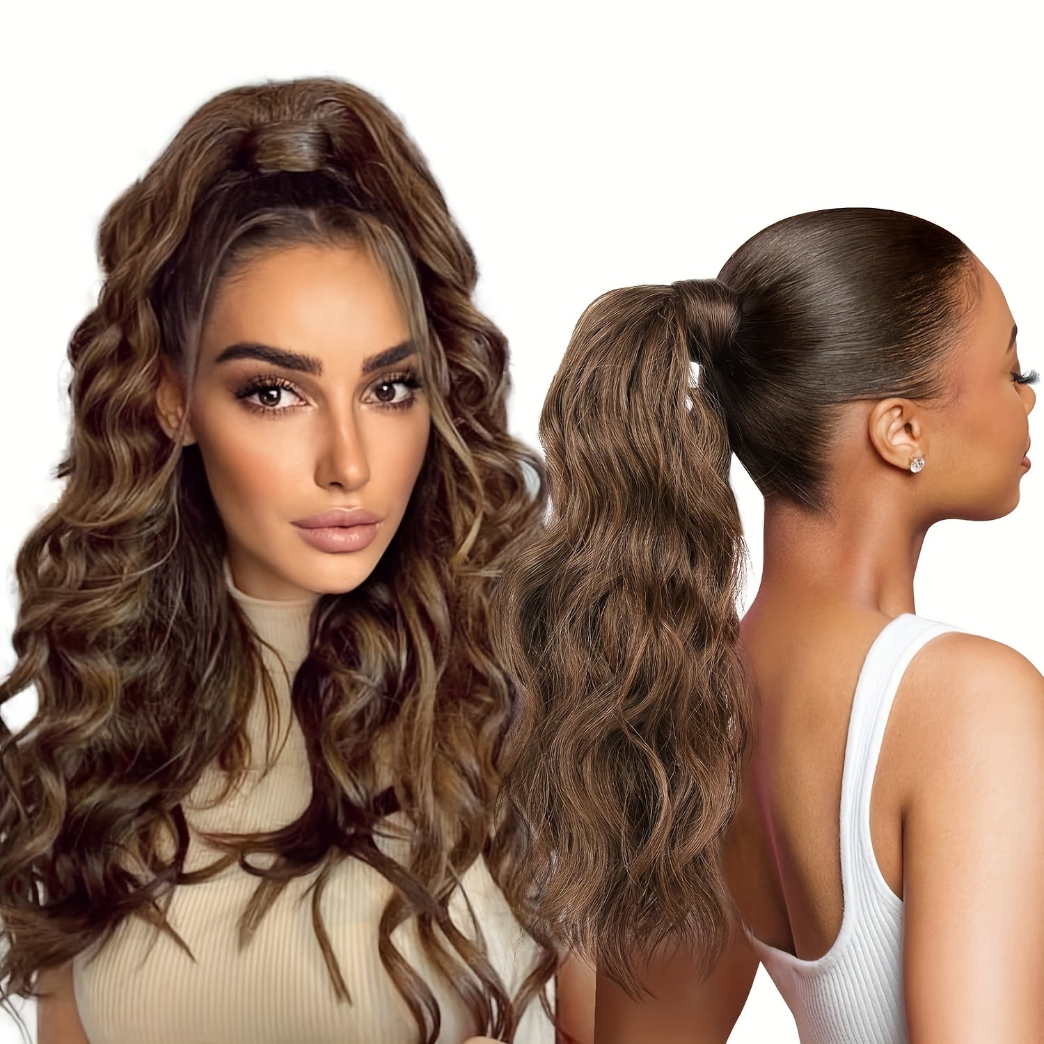 4pcs 40.64cm Half Up Half Down Ponytail Extension Set, Long Wavy Clip in Hair Extensions 3 Styles in 1 Tangle-Resistant Natural Soft Thick Fake Wrap Around Ponytail Synthetic Hairpiece