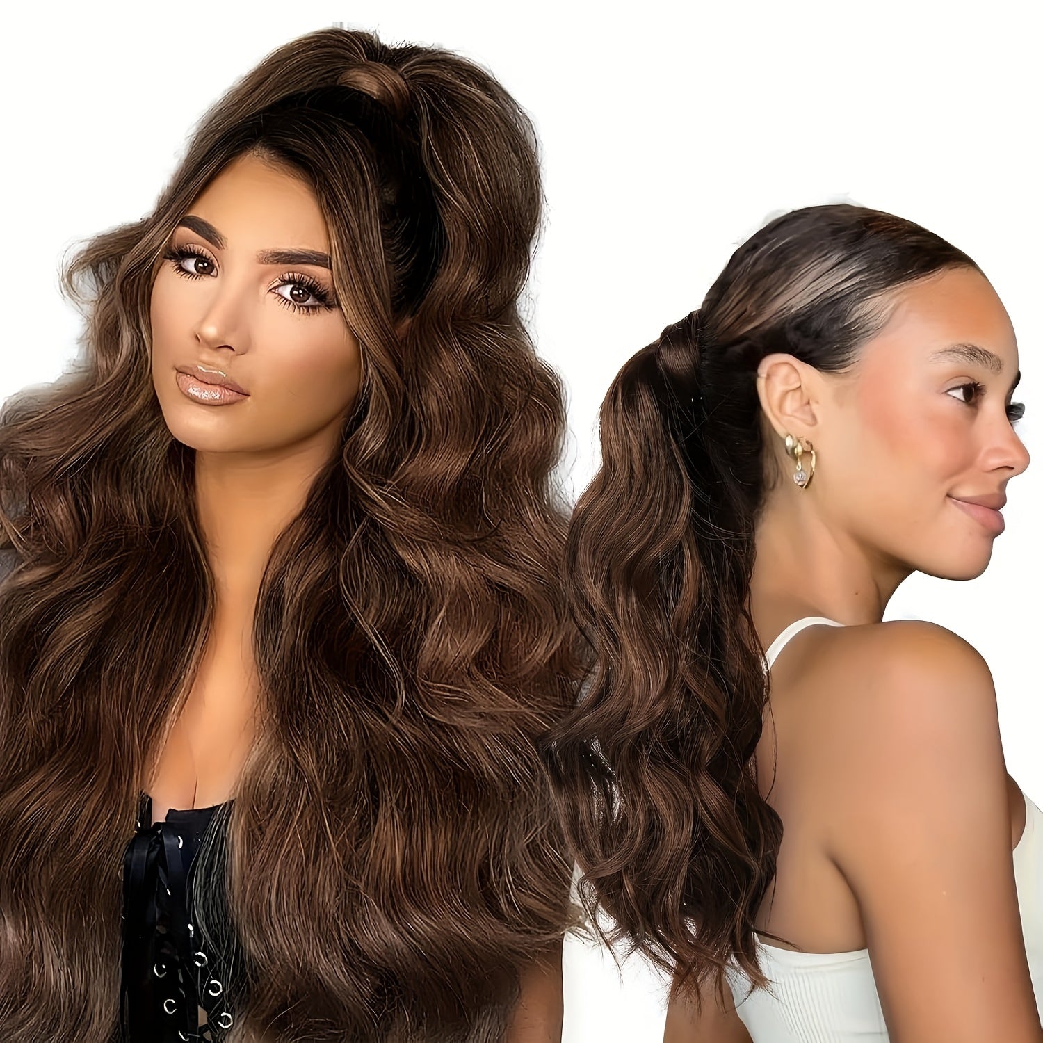 4pcs 40.64cm Half Up Half Down Ponytail Extension Set, Long Wavy Clip in Hair Extensions 3 Styles in 1 Tangle-Resistant Natural Soft Thick Fake Wrap Around Ponytail Synthetic Hairpiece