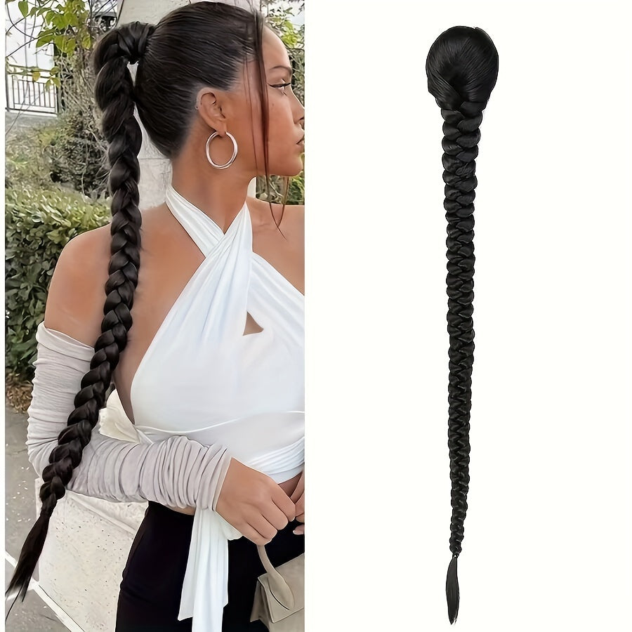 34-Inch Long Black Hair Extensions - Drawstring Ponytail with Braided Detail, High-Temperature Fiber, Perfect for Women & Girls, Stylish Hair Addition|Sleek Ponytail|Highquality Hair Extensions, Hair Accessories