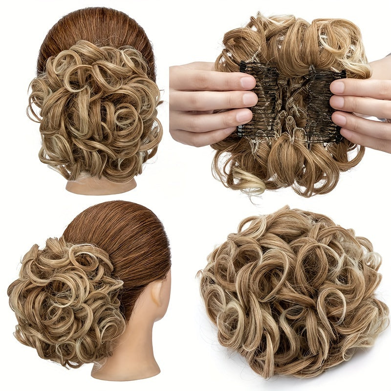 Clip-In Short Combs Messy Curly Bun Hair Extensions with Heat Styling - Easy Stretch Scrunchie Chignon Tray for Women, Multi-Color (Light Brown/Dark Blonde/Black) for Daily, Wedding & Festival Use, Wedding Hair Accessory, Easyattach Hairpiece