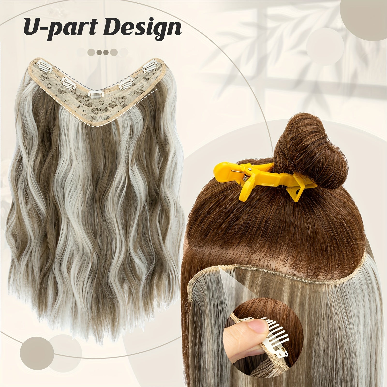 18in One Piece V-Shaped Long Wavy Clip In Hair Extensions Brown Blonde Highlight With 5 Clips For Women Daily Use