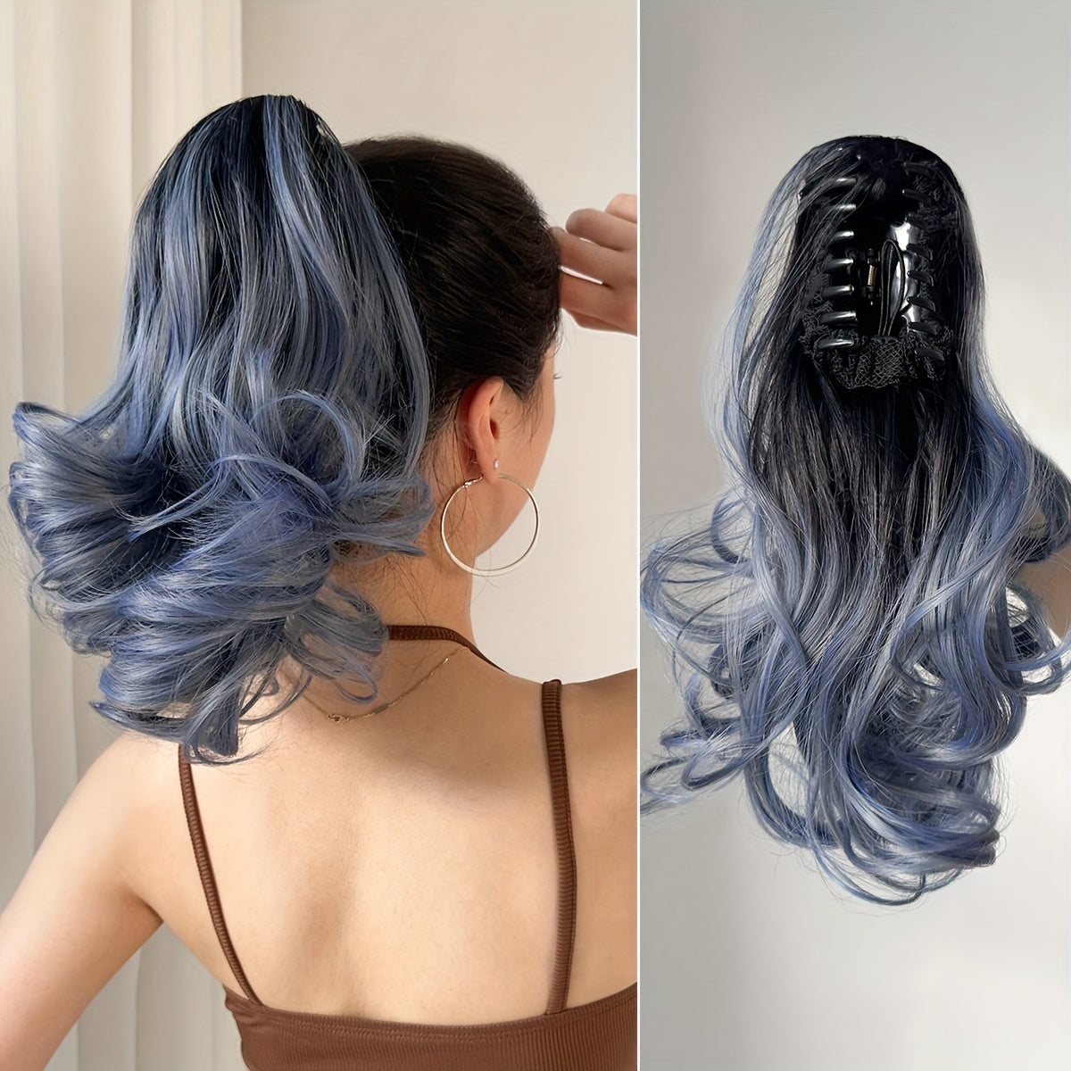 YUSULAXI 35.56 cm Claw Ponytail Extension Hair Accessories - Black, Brown, Blue, and Grey Short Wave Heat Resistant Fiber Synthetic Ponytail Hairpiece for Women Daily Use - Unisex Adult