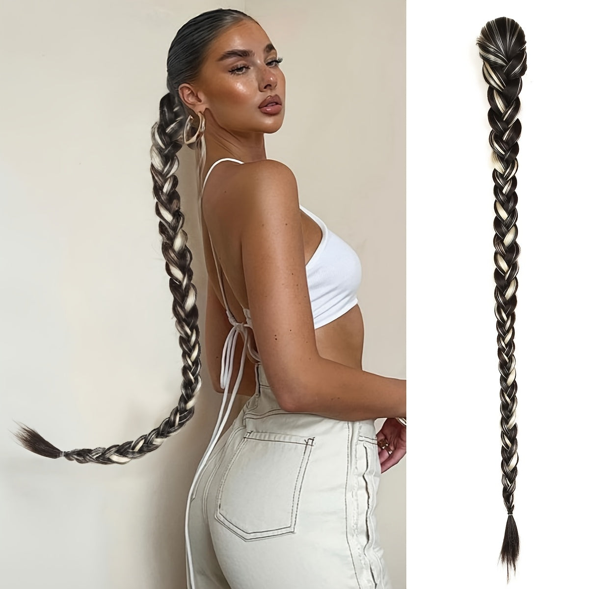 34-Inch Long Black Hair Extensions - Drawstring Ponytail with Braided Detail, High-Temperature Fiber, Perfect for Women & Girls, Stylish Hair Addition|Sleek Ponytail|Highquality Hair Extensions, Hair Accessories