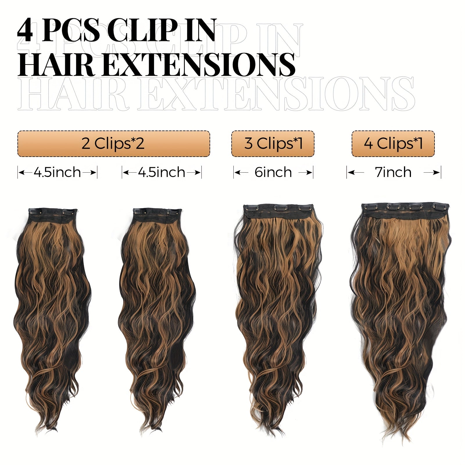 4pcs NEVERLAND Clip-In Hair Extensions 50.8 cm Long Wavy Dark Brown with Golden Highlights - Thick Heat-Resistant Synthetic Hairpieces with 2 BB Clips & Storage Bag for Women, All Ethnicities