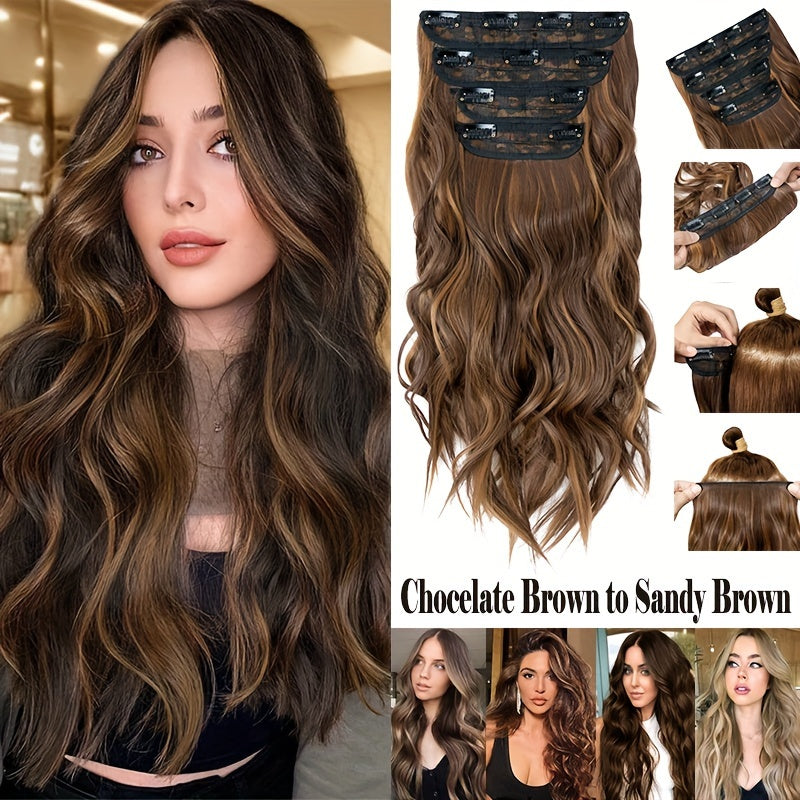 4pieces/Set Long Wavy Full Head Clip In Hair Extensions 22inch/55cm Soft Hairpieces Curly Thick Silk Fiber Double Weft Hairpiece Top Synthetic Hair Highlight Black Brown Blonde For Women Party Cosplay Christmas Halloween Dating Daily Use