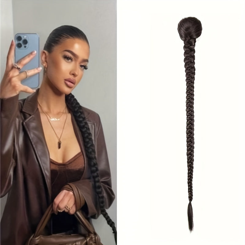 34-Inch Long Black Hair Extensions - Drawstring Ponytail with Braided Detail, High-Temperature Fiber, Perfect for Women & Girls, Stylish Hair Addition|Sleek Ponytail|Highquality Hair Extensions, Hair Accessories