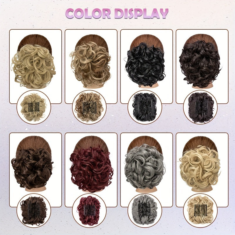 Clip-In Short Combs Messy Curly Bun Hair Extensions with Heat Styling - Easy Stretch Scrunchie Chignon Tray for Women, Multi-Color (Light Brown/Dark Blonde/Black) for Daily, Wedding & Festival Use, Wedding Hair Accessory, Easyattach Hairpiece