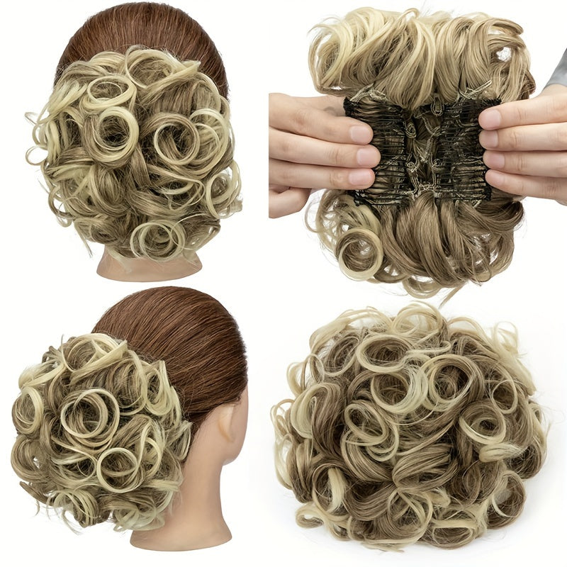 Clip-In Short Combs Messy Curly Bun Hair Extensions with Heat Styling - Easy Stretch Scrunchie Chignon Tray for Women, Multi-Color (Light Brown/Dark Blonde/Black) for Daily, Wedding & Festival Use, Wedding Hair Accessory, Easyattach Hairpiece