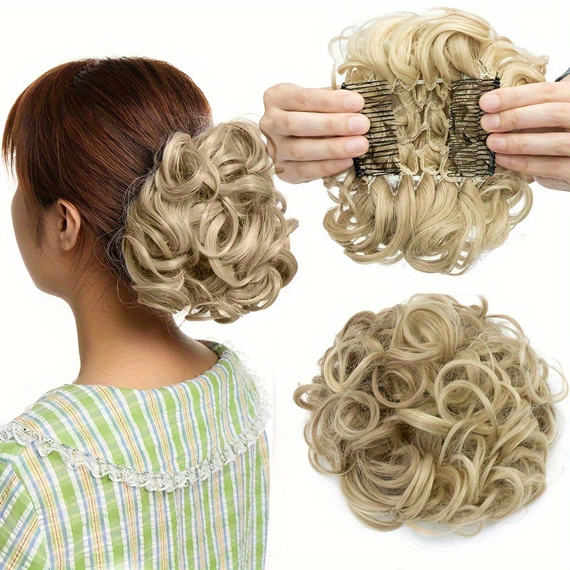 Clip-In Short Combs Messy Curly Bun Hair Extensions with Heat Styling - Easy Stretch Scrunchie Chignon Tray for Women, Multi-Color (Light Brown/Dark Blonde/Black) for Daily, Wedding & Festival Use, Wedding Hair Accessory, Easyattach Hairpiece