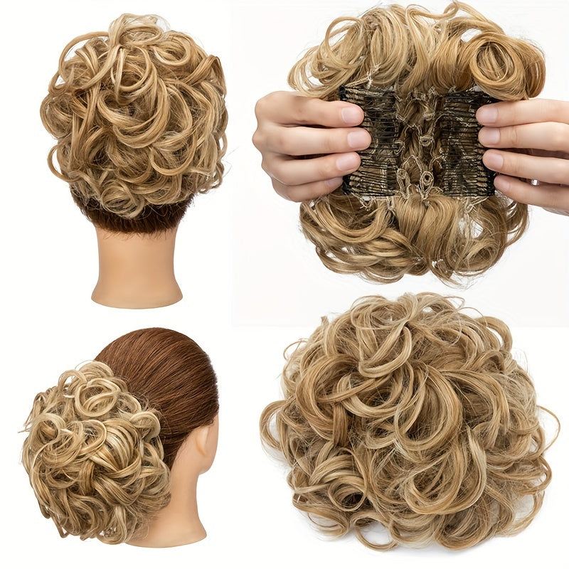 Clip-In Short Combs Messy Curly Bun Hair Extensions with Heat Styling - Easy Stretch Scrunchie Chignon Tray for Women, Multi-Color (Light Brown/Dark Blonde/Black) for Daily, Wedding & Festival Use, Wedding Hair Accessory, Easyattach Hairpiece