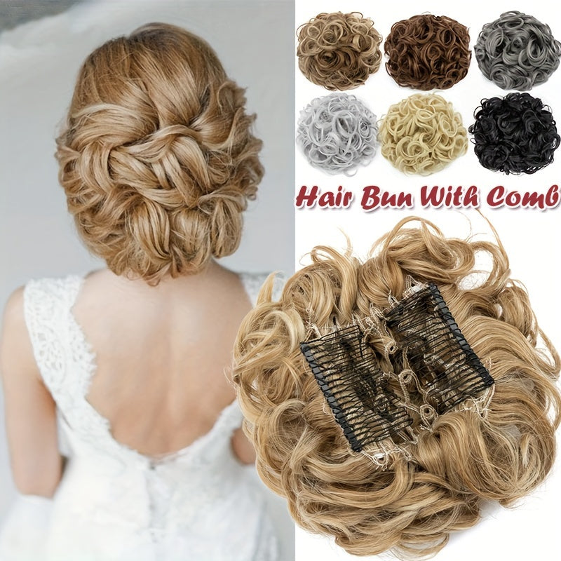 Clip-In Short Combs Messy Curly Bun Hair Extensions with Heat Styling - Easy Stretch Scrunchie Chignon Tray for Women, Multi-Color (Light Brown/Dark Blonde/Black) for Daily, Wedding & Festival Use, Wedding Hair Accessory, Easyattach Hairpiece