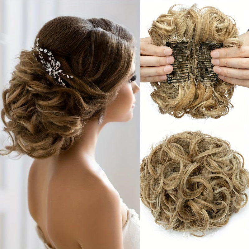 Clip-In Short Combs Messy Curly Bun Hair Extensions with Heat Styling - Easy Stretch Scrunchie Chignon Tray for Women, Multi-Color (Light Brown/Dark Blonde/Black) for Daily, Wedding & Festival Use, Wedding Hair Accessory, Easyattach Hairpiece