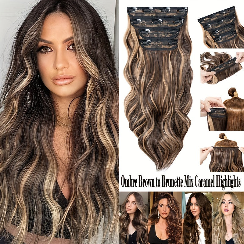 4pieces/Set Long Wavy Full Head Clip In Hair Extensions 22inch/55cm Soft Hairpieces Curly Thick Silk Fiber Double Weft Hairpiece Top Synthetic Hair Highlight Black Brown Blonde For Women Party Cosplay Christmas Halloween Dating Daily Use