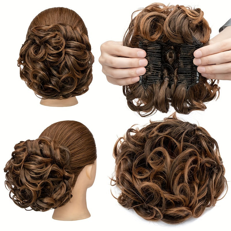 Clip-In Short Combs Messy Curly Bun Hair Extensions with Heat Styling - Easy Stretch Scrunchie Chignon Tray for Women, Multi-Color (Light Brown/Dark Blonde/Black) for Daily, Wedding & Festival Use, Wedding Hair Accessory, Easyattach Hairpiece