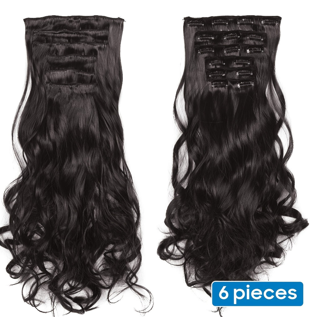 6pcs Full Head Clip-In Hair Extensions 50.8cm Long Thick Curly Wave Synthetic Hair - Dark Black/Natural Black/Dark Brown, Heat Styling Safe, Unisex for Men & Women, All Ethnicities, Length Extension, Voluminous Curls, Highquality Fibers, Beauty Lovers