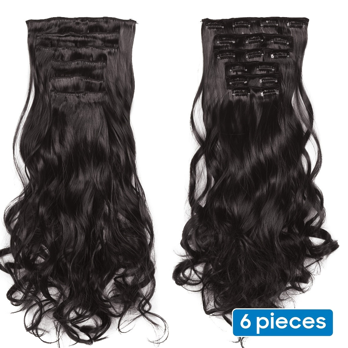 6pcs Full Head Clip-In Hair Extensions 50.8cm Long Thick Curly Wave Synthetic Hair - Dark Black/Natural Black/Dark Brown, Heat Styling Safe, Unisex for Men & Women, All Ethnicities, Length Extension, Voluminous Curls, Highquality Fibers, Beauty Lovers
