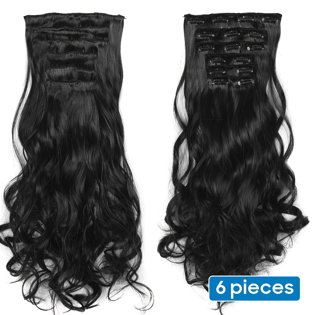 6pcs Full Head Clip-In Hair Extensions 50.8cm Long Thick Curly Wave Synthetic Hair - Dark Black/Natural Black/Dark Brown, Heat Styling Safe, Unisex for Men & Women, All Ethnicities, Length Extension, Voluminous Curls, Highquality Fibers, Beauty Lovers