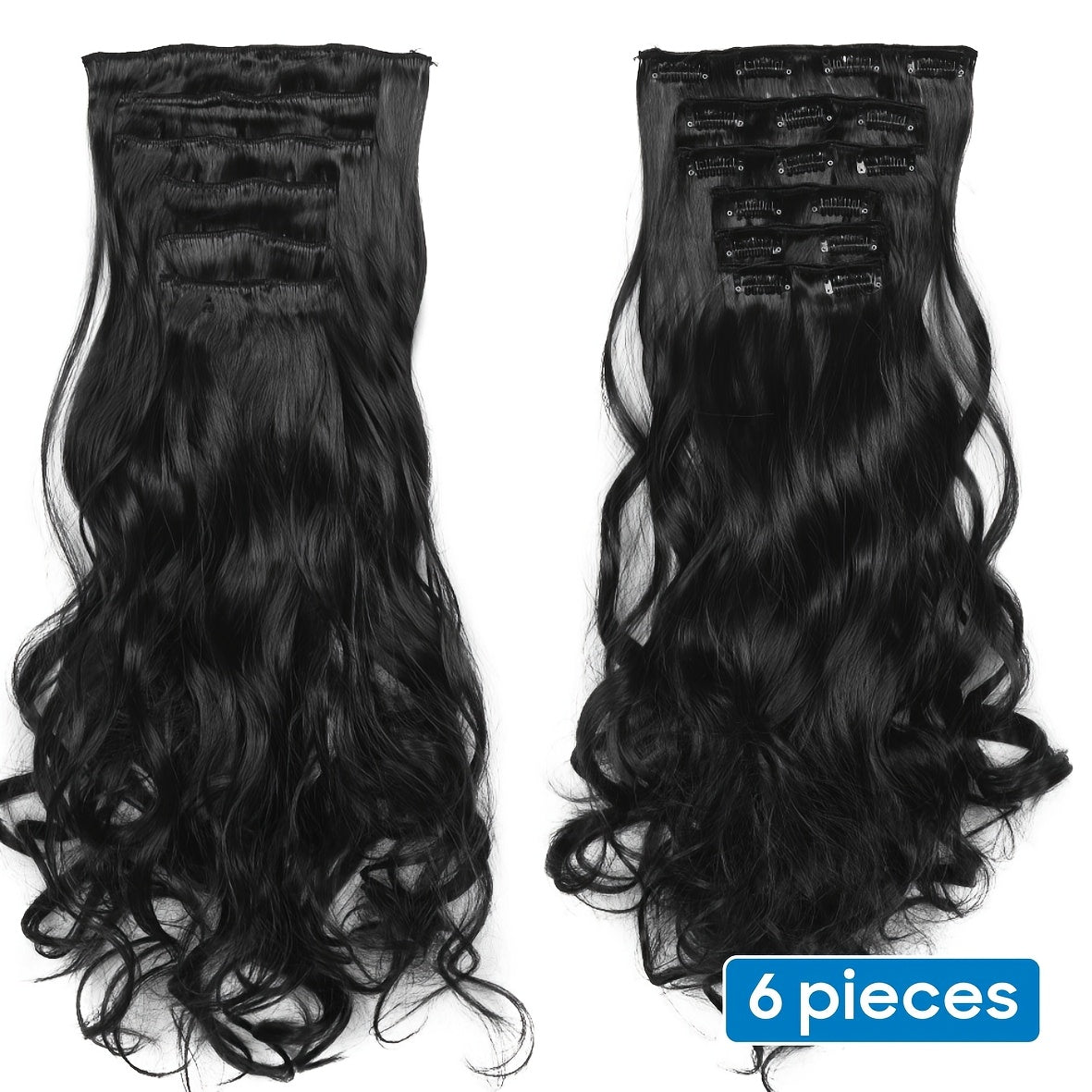 6pcs Full Head Clip-In Hair Extensions 50.8cm Long Thick Curly Wave Synthetic Hair - Dark Black/Natural Black/Dark Brown, Heat Styling Safe, Unisex for Men & Women, All Ethnicities, Length Extension, Voluminous Curls, Highquality Fibers, Beauty Lovers